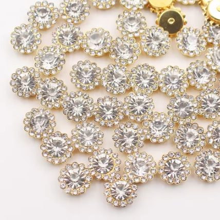 12mm Crystal/Glass Flower, Gold Base, Sew On, Rhinestone - See Color Options