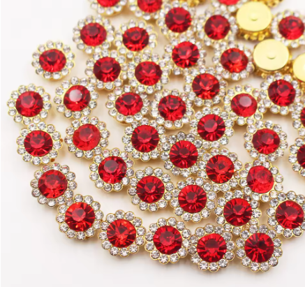 12mm Crystal/Glass Flower, Gold Base, Sew On, Rhinestone - See Color Options