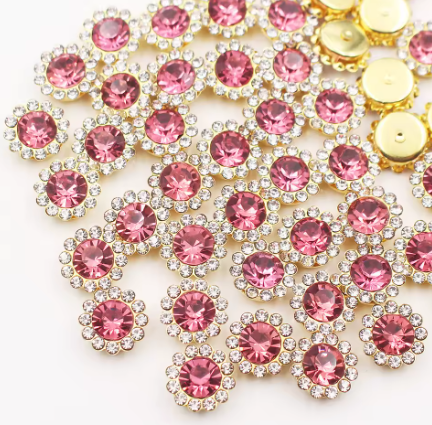 12mm Crystal/Glass Flower, Gold Base, Sew On, Rhinestone - See Color Options