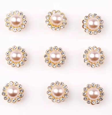 12mm Pearl Flower, Gold Base, Sew On, Rhinestone - See Color Options