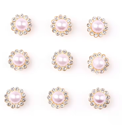 12mm Pearl Flower, Gold Base, Sew On, Rhinestone - See Color Options