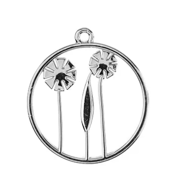 Beadwork Findings Silver Pendant Circle with Flowers 22x25mm, 4pcs