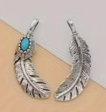 30*8mm Alloy Feather Charms with Turquoise Gem