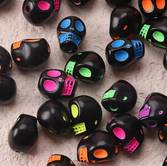 10mm Acrylic Neon on Black Skull Beads
