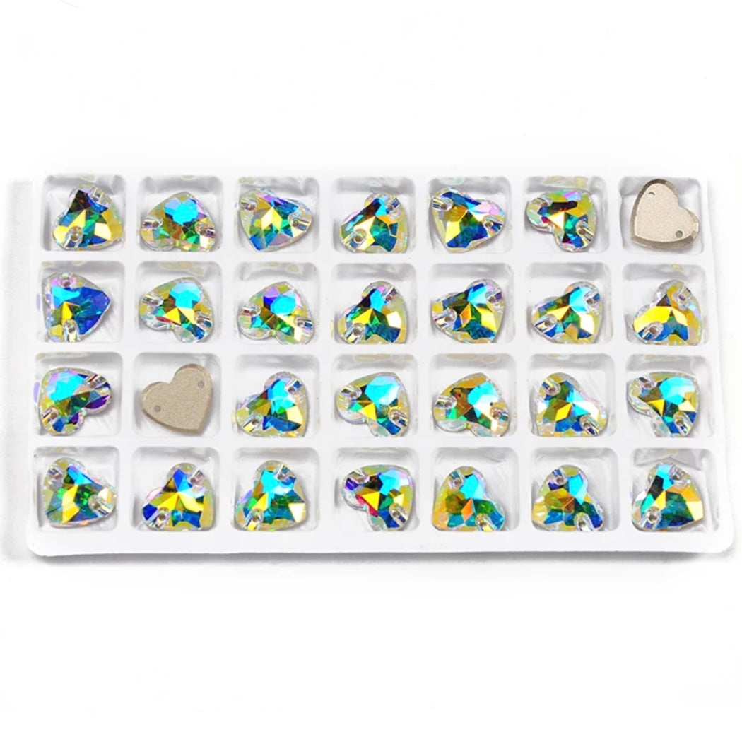 12 mm et 16 mm en forme de CŒUR AB, à coudre, en verre strass, vendus par paire, voir le menu déroulant