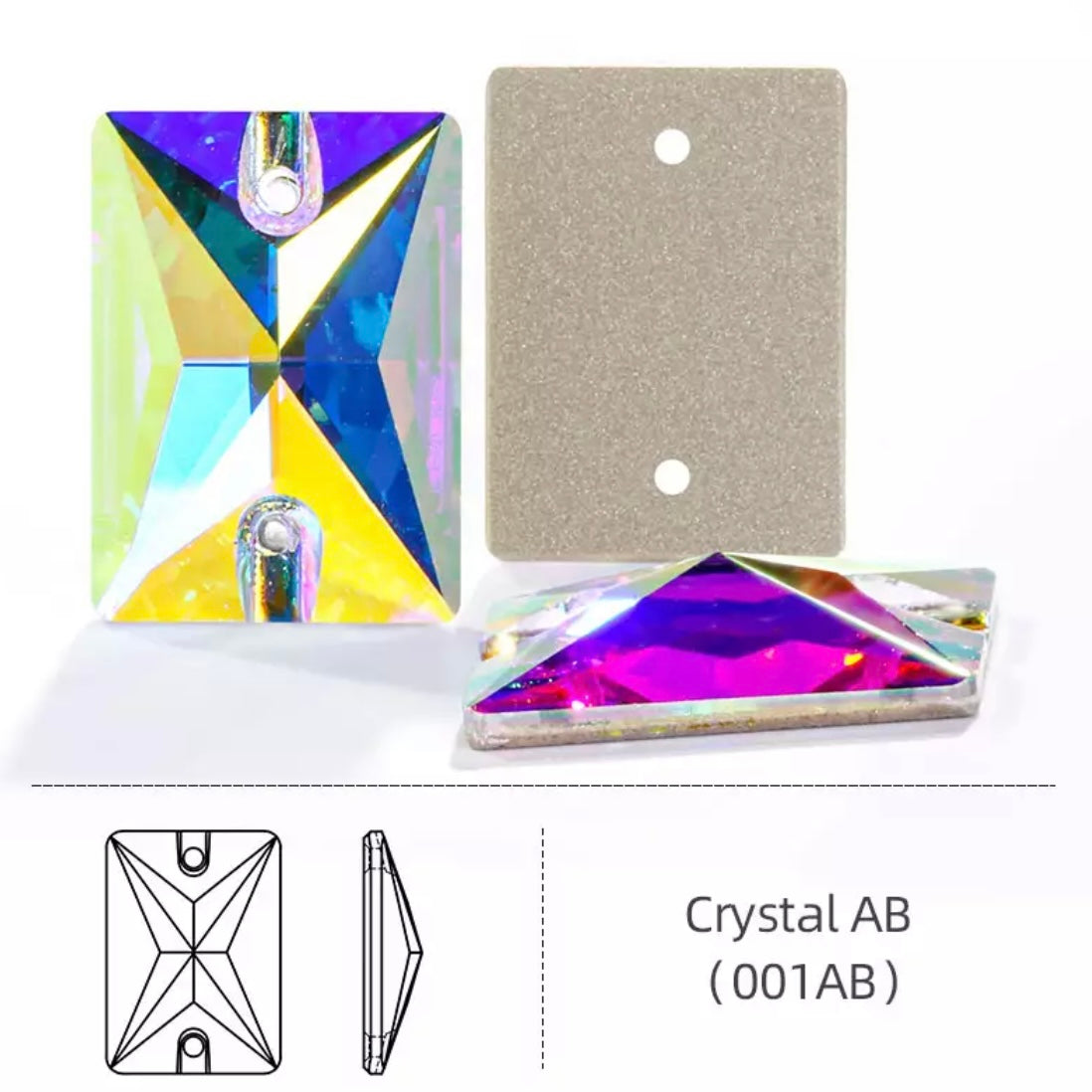 Grade AAAA, K9 Crystal AB Rectangle, Sew On, Sold in Pairs - See Size Options