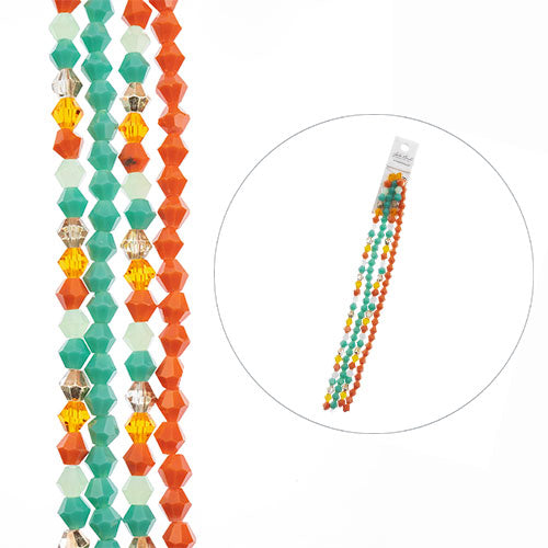 Crystal Lane Bicone 4 Strand 7in (apx128pcs) 4mm Teal & Orange Mix