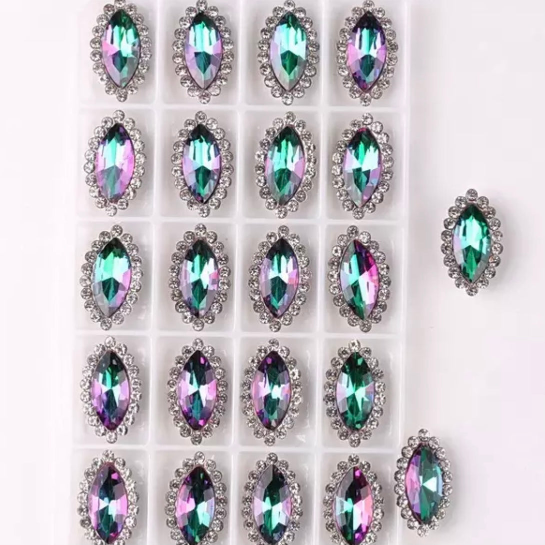 7*15mm AB Glass Jelly Navette with Rhinestone, Silver Base, Sew On - See Color Options