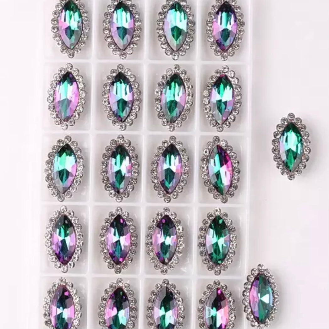 7*15mm AB Glass Jelly Navette with Rhinestone, Silver Base, Sew On - See Color Options