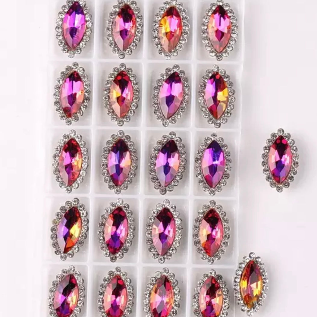 7*15mm AB Glass Jelly Navette with Rhinestone, Silver Base, Sew On - See Color Options
