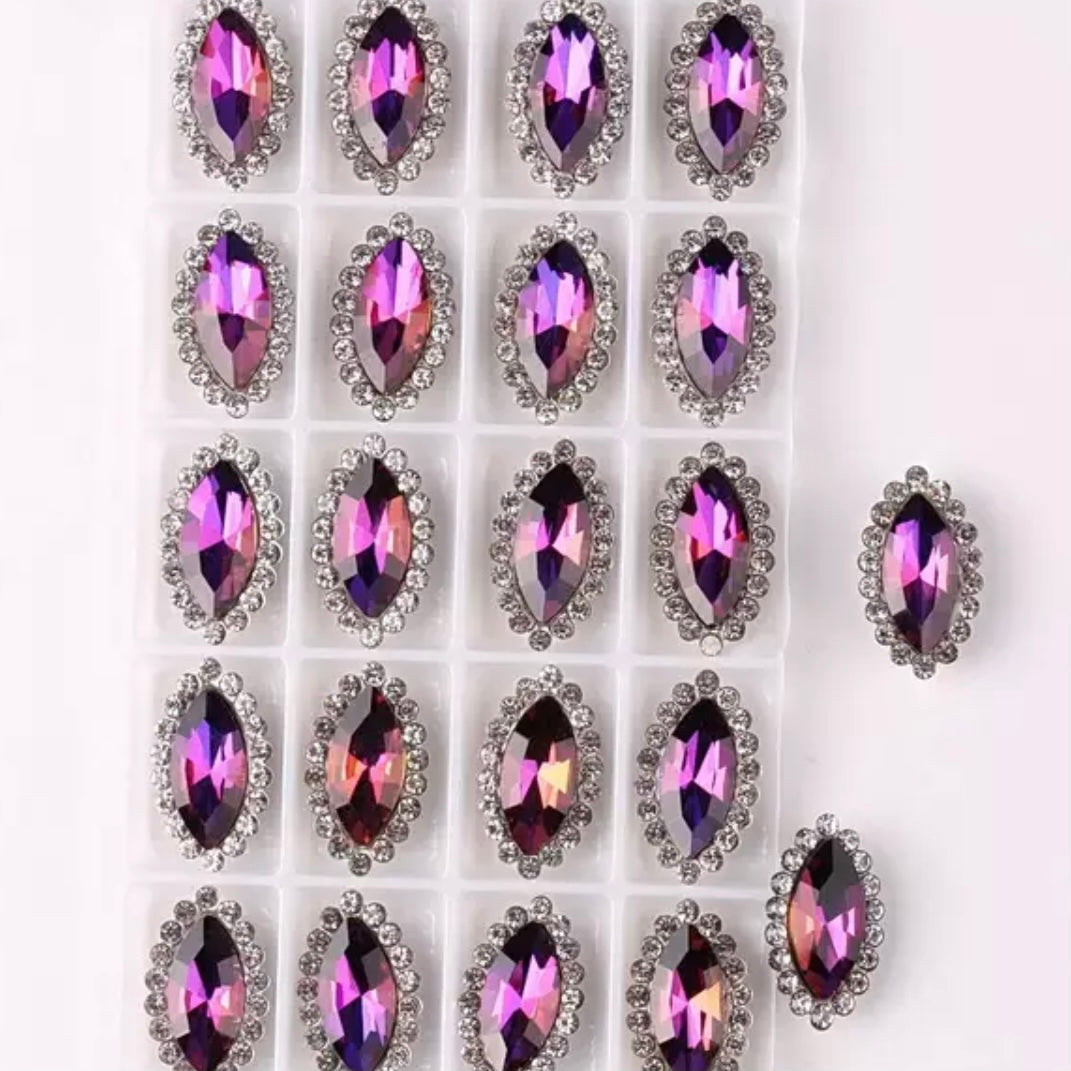 7*15mm AB Glass Jelly Navette with Rhinestone, Silver Base, Sew On - See Color Options