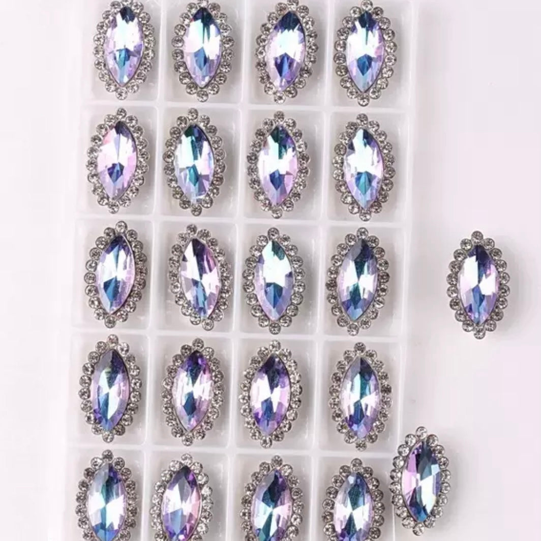 7*15mm AB Glass Jelly Navette with Rhinestone, Silver Base, Sew On - See Color Options