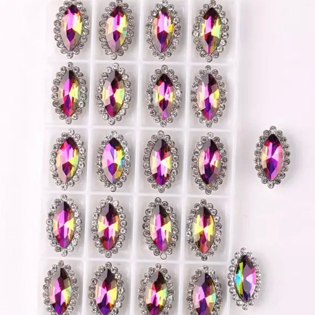 7*15mm AB Glass Jelly Navette with Rhinestone, Silver Base, Sew On - See Color Options