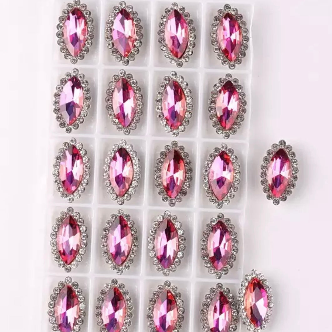 7*15mm AB Glass Jelly Navette with Rhinestone, Silver Base, Sew On - See Color Options