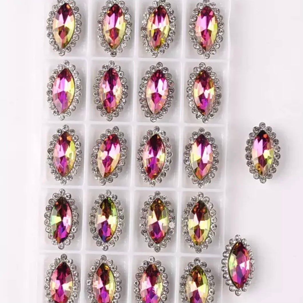 7*15mm AB Glass Jelly Navette with Rhinestone, Silver Base, Sew On - See Color Options