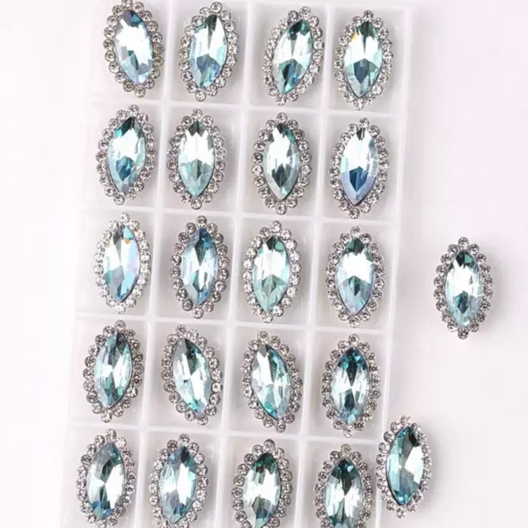 7*15mm AB Glass Jelly Navette with Rhinestone, Silver Base, Sew On - See Color Options