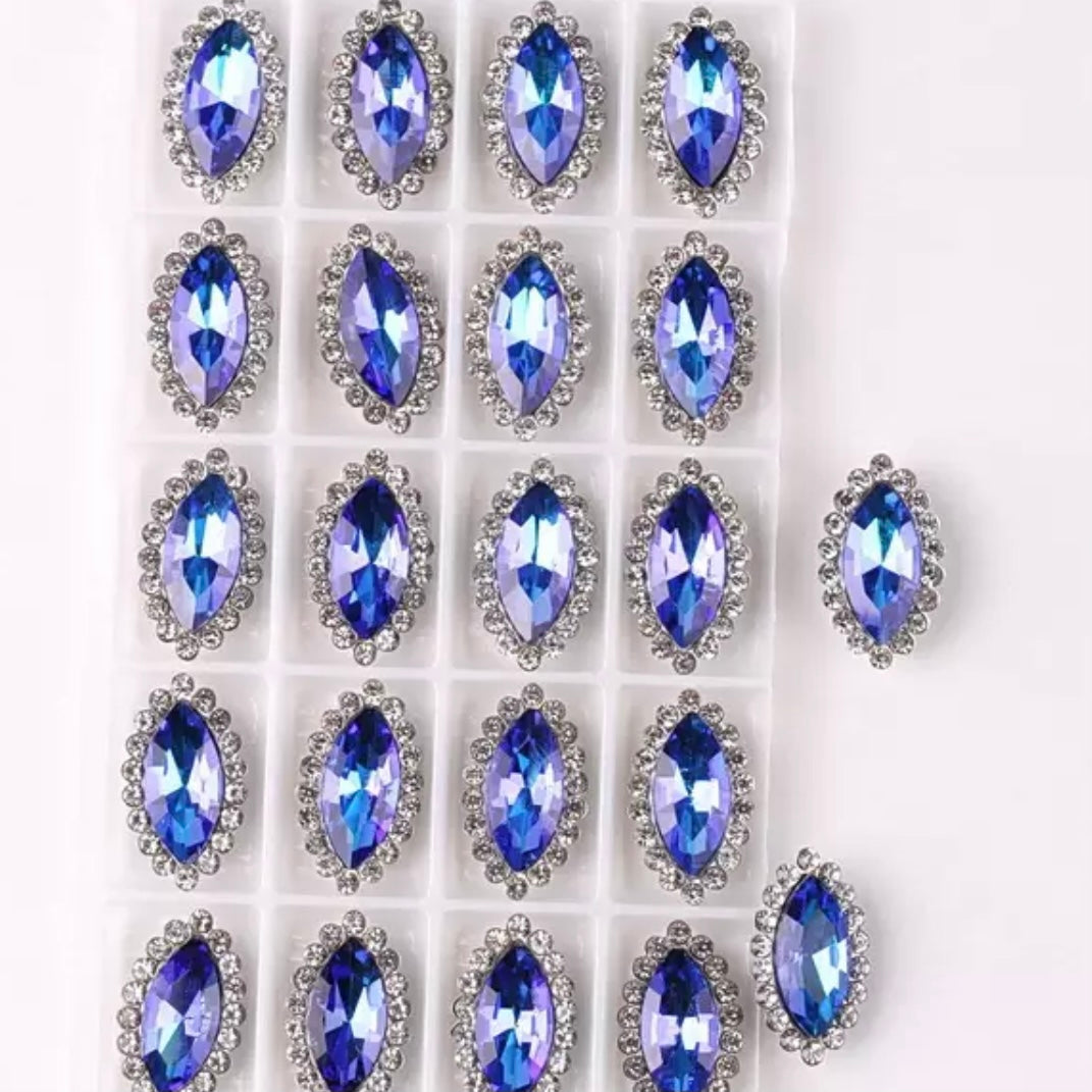 7*15mm AB Glass Jelly Navette with Rhinestone, Silver Base, Sew On - See Color Options