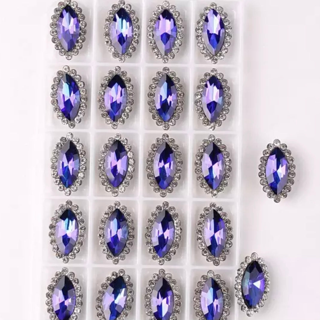 7*15mm AB Glass Jelly Navette with Rhinestone, Silver Base, Sew On - See Color Options