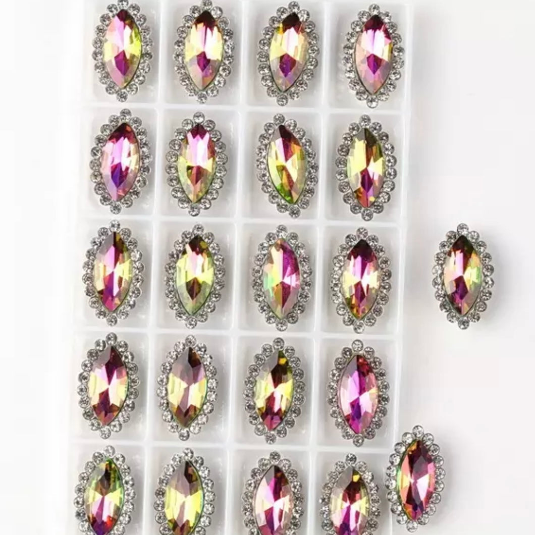 7*15mm AB Glass Jelly Navette with Rhinestone, Silver Base, Sew On - See Color Options