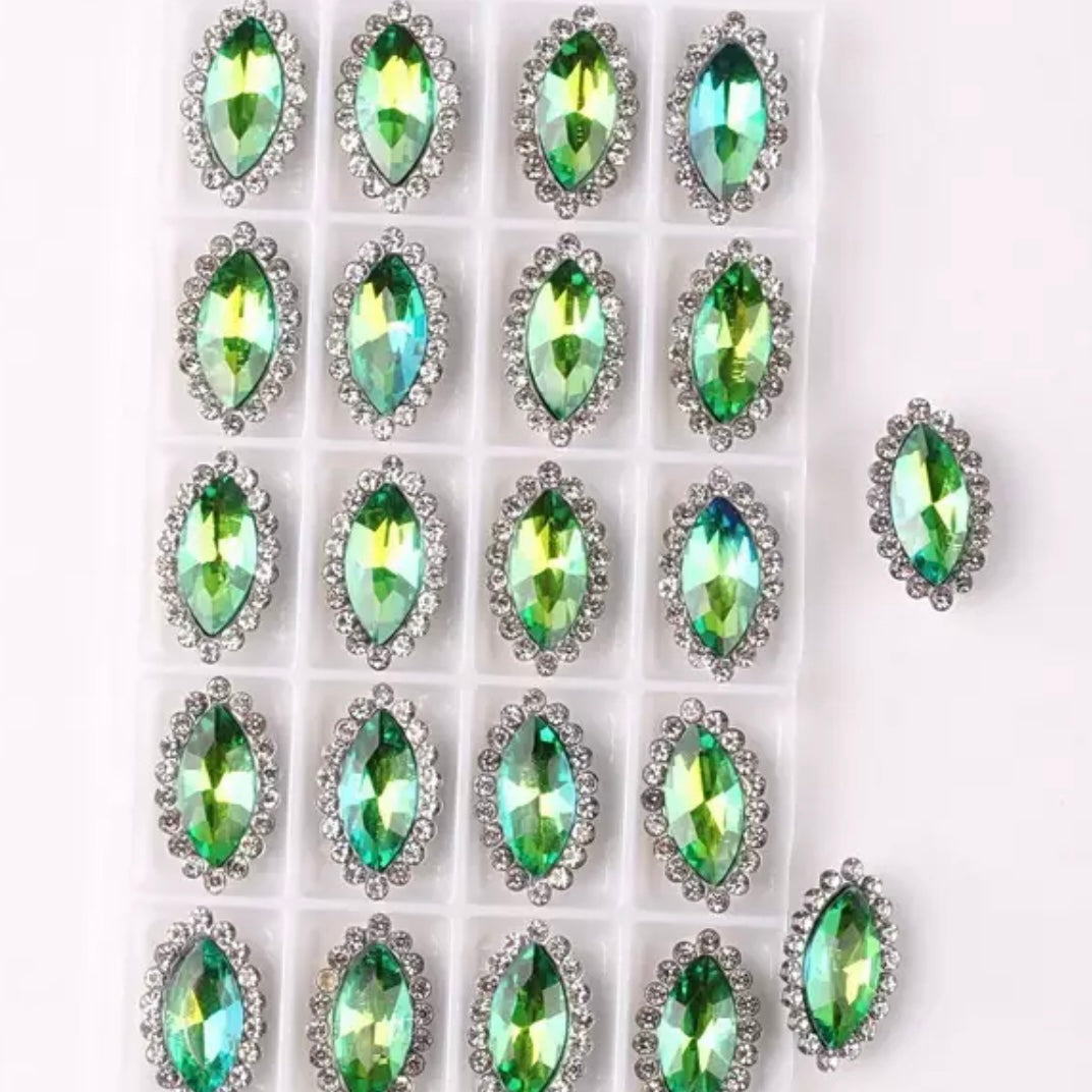 7*15mm AB Glass Jelly Navette with Rhinestone, Silver Base, Sew On - See Color Options