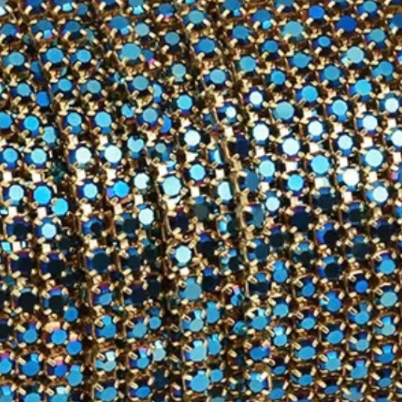 1 Yard SS6 Metallic Blue AB on Gold Metal Chain Rhinestone Banding