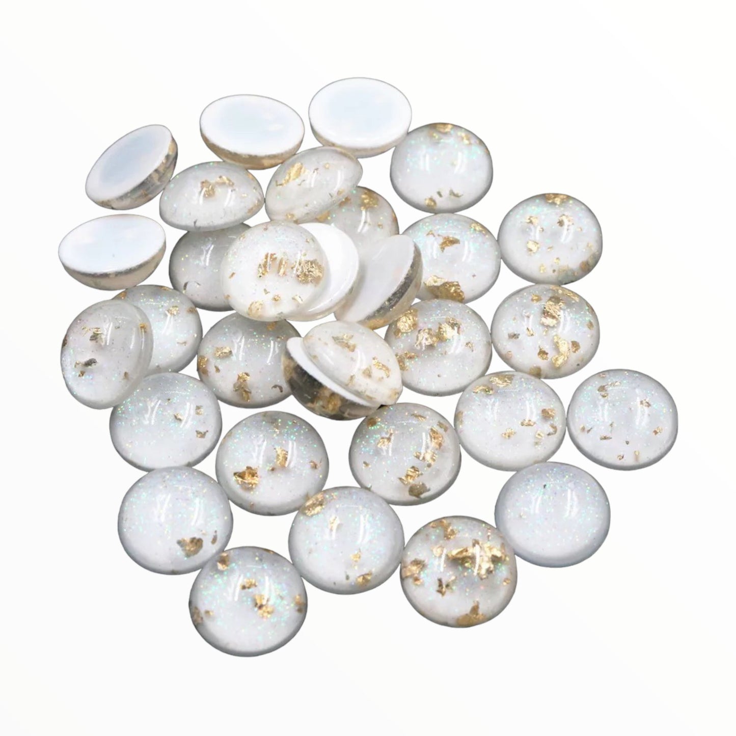 Cabochon rond en résine à dôme blanc de 12 mm, rempli de feuille d'or et de paillettes, à coller