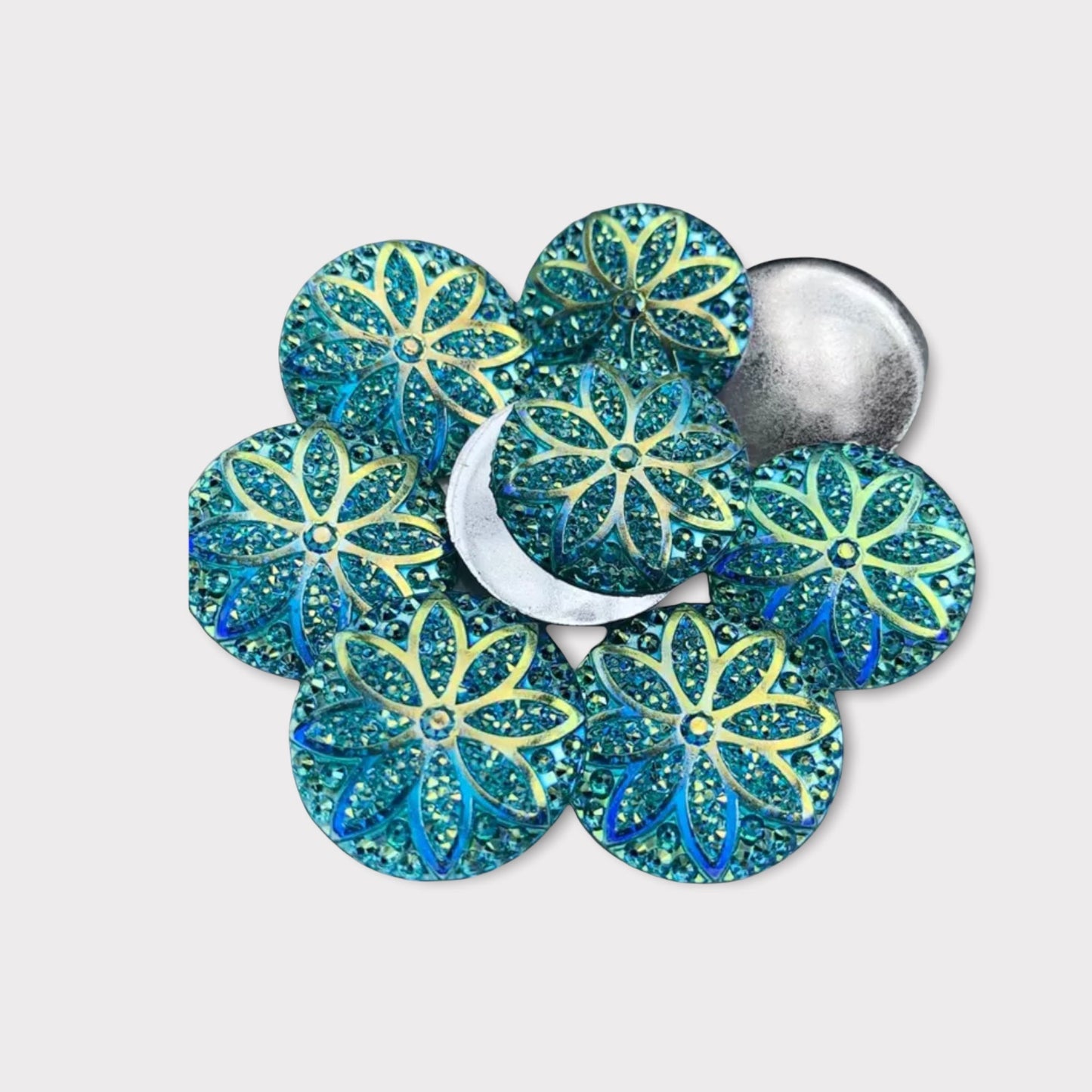 25mm AB Round Glitter Flower, Glue on, Flat back, Resin Gem, Sold in Pairs - See Color Options