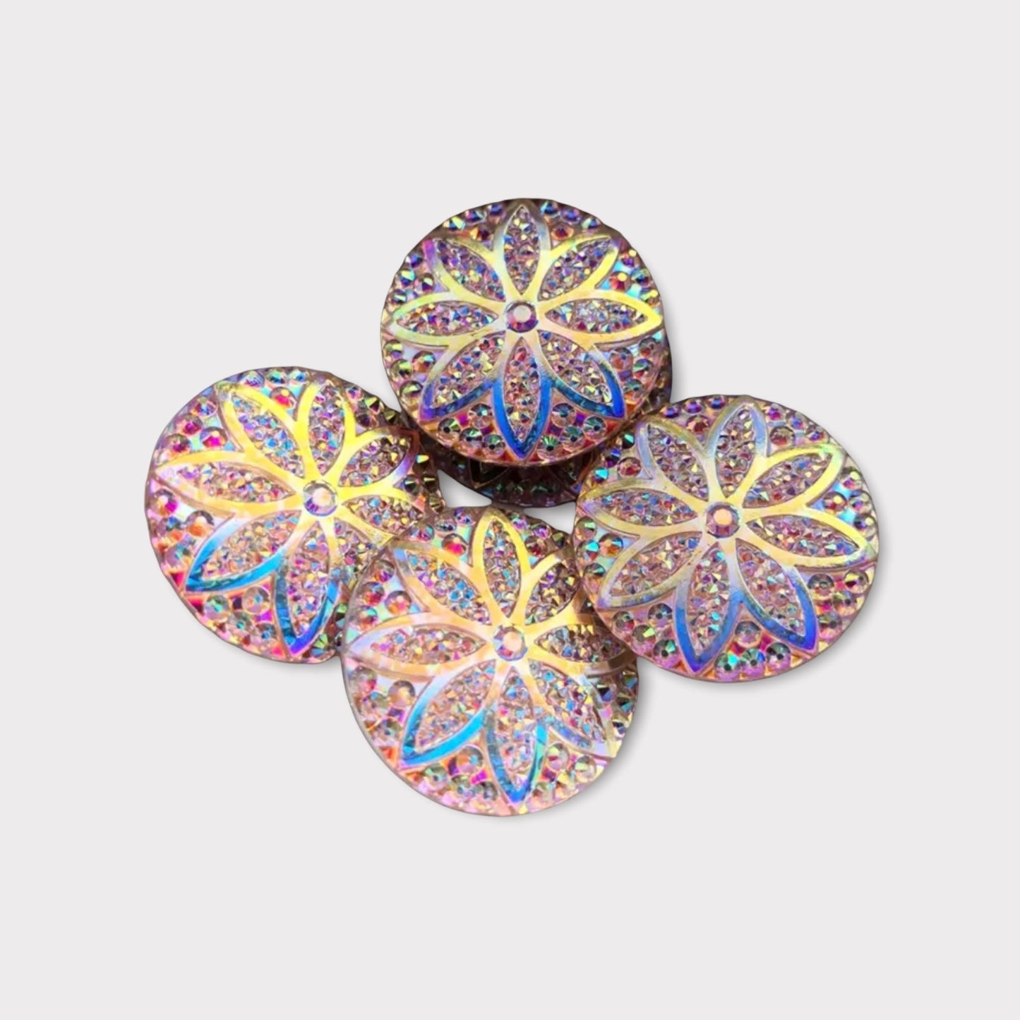 25mm AB Round Glitter Flower, Glue on, Flat back, Resin Gem, Sold in Pairs - See Color Options
