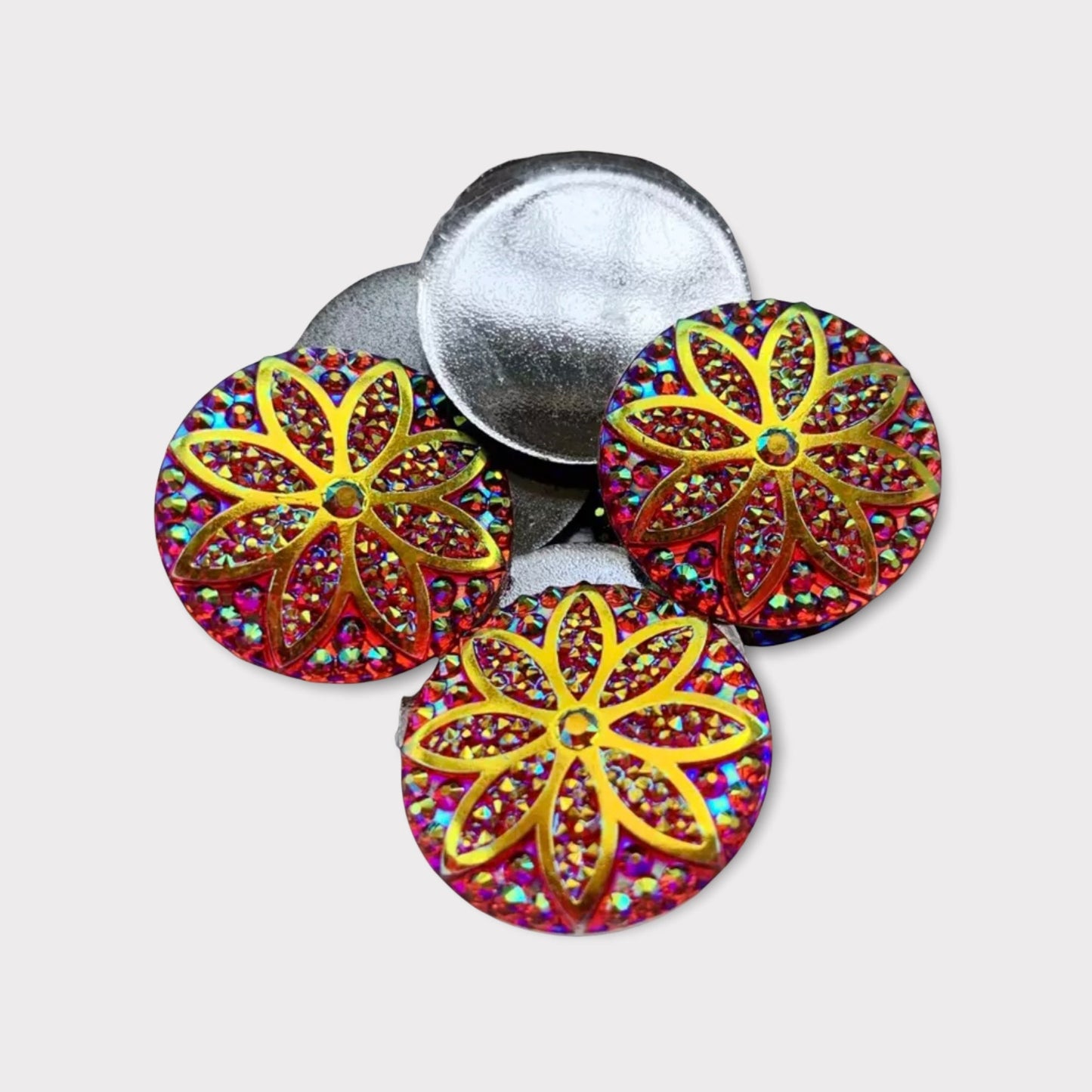 25mm AB Round Glitter Flower, Glue on, Flat back, Resin Gem, Sold in Pairs - See Color Options