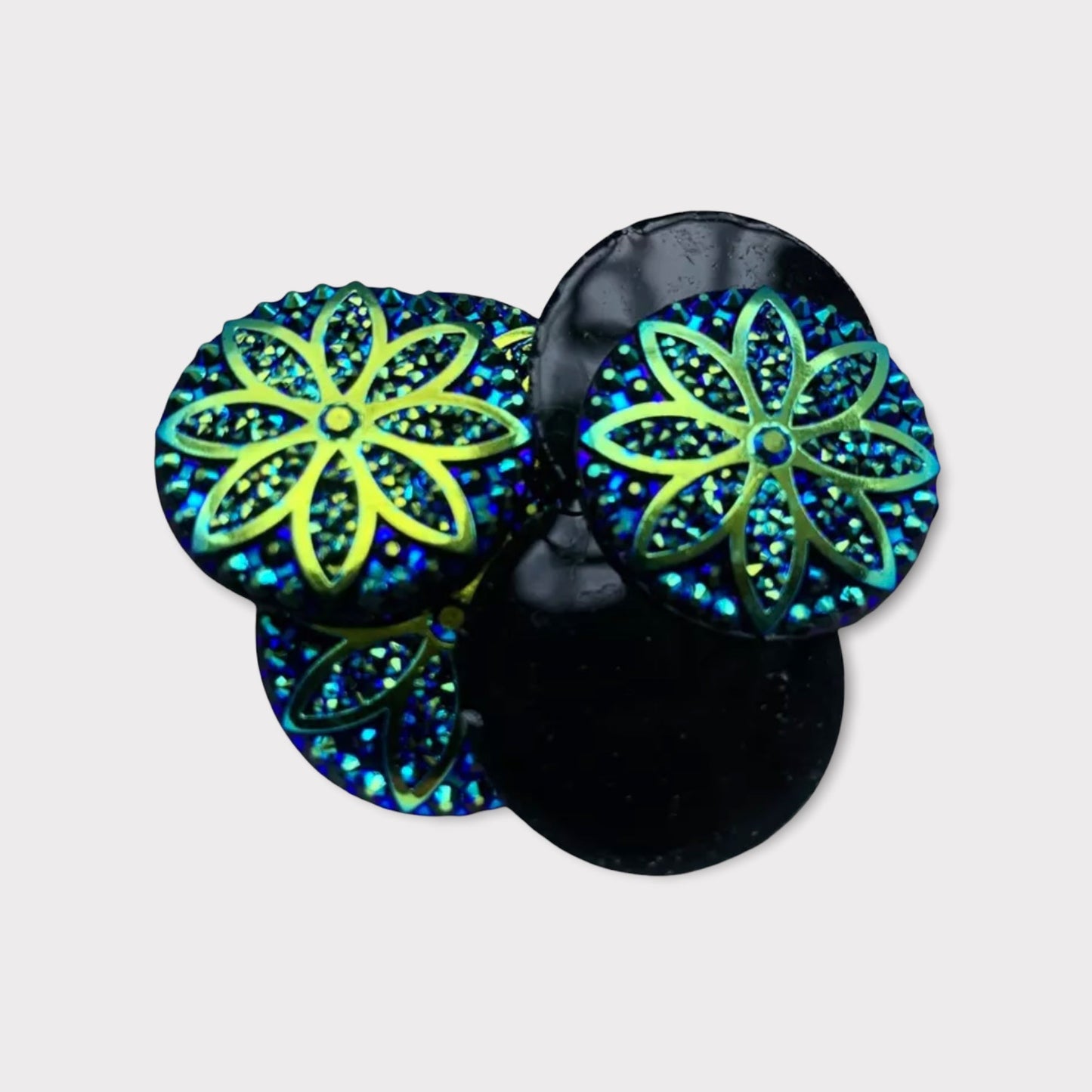 25mm AB Round Glitter Flower, Glue on, Flat back, Resin Gem, Sold in Pairs - See Color Options