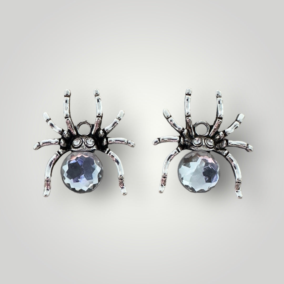 25mm x 24mm Antique Silver Spider Charm W/Crystal, Sold in Pairs