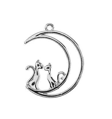 Beadwork Findings Silver Pendant Moon with Cats, 21x26mm, 4pcs