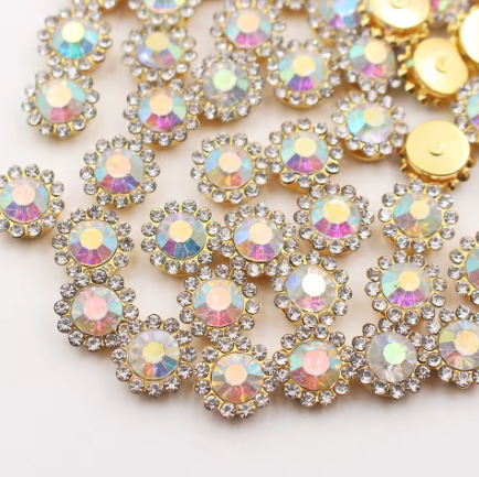 12mm Crystal/Glass Flower, Gold Base, Sew On, Rhinestone - See Color Options