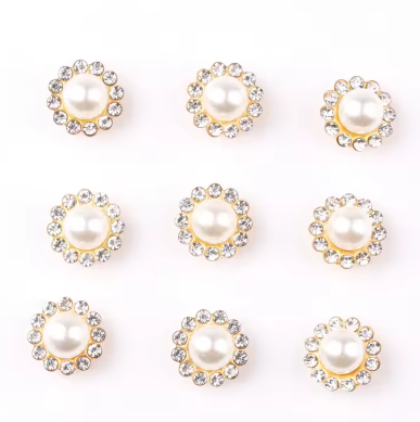 12mm Pearl Flower, Gold Base, Sew On, Rhinestone - See Color Options