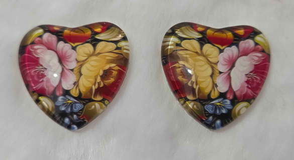 25mm Floral Heart Cabochon, Glass, Glue-on - See Color Options