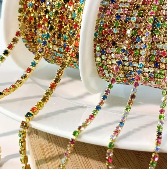 SS6 Color Mixed Rhinestone on Gold Metal Banding, 1 yard