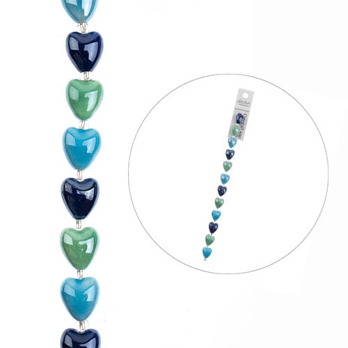 Crystal Lane 7in Bead Strand Ceramic Hearts Blue Mix 12x9mm