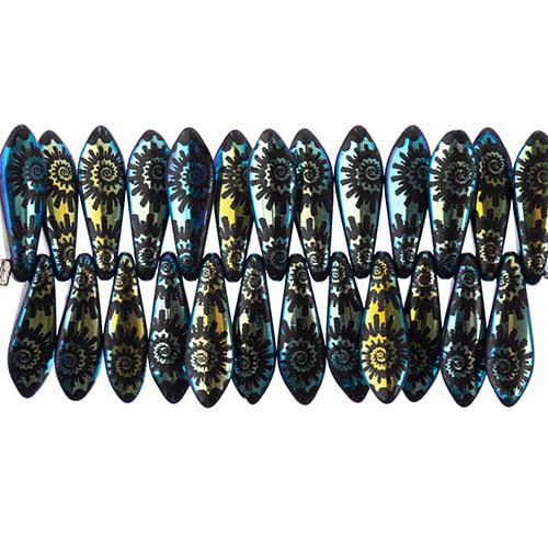 Czech Glass Dagger Bead Strand, Laser Etched Design, 4in, 25pc, 5x16mm - See Color Options