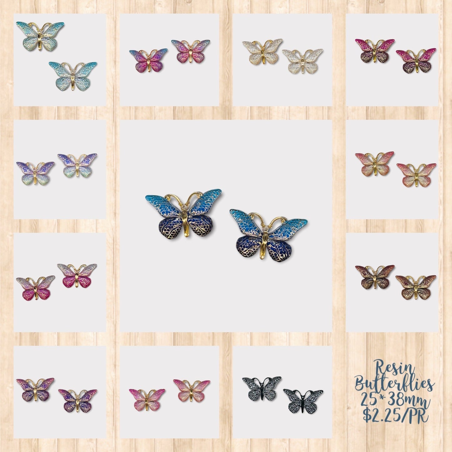 Papillons Bling en résine 25 x 38 mm, dos plat, vendus par paire - Voir les options de couleur
