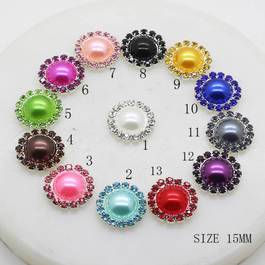 15mm Round Pearl with Colored Rhinestones - See Color Options