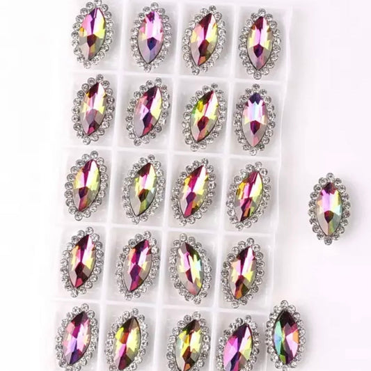7*15mm AB Glass Jelly Navette with Rhinestone, Silver Base, Sew On - See Color Options