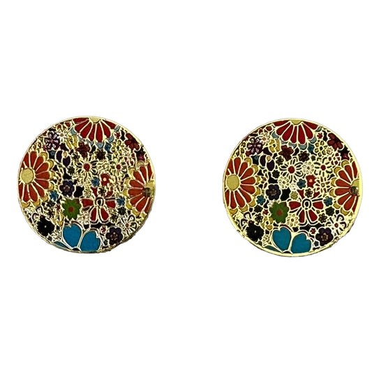 20*20mm Exquisite Round Metal Multi-Colour Florals, Glue On, Sold in Pairs