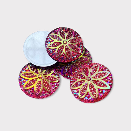 25mm AB Round Glitter Flower, Glue on, Flat back, Resin Gem, Sold in Pairs - See Color Options