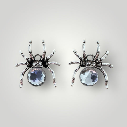 25mm x 24mm Antique Silver Spider Charm W/Crystal, Sold in Pairs
